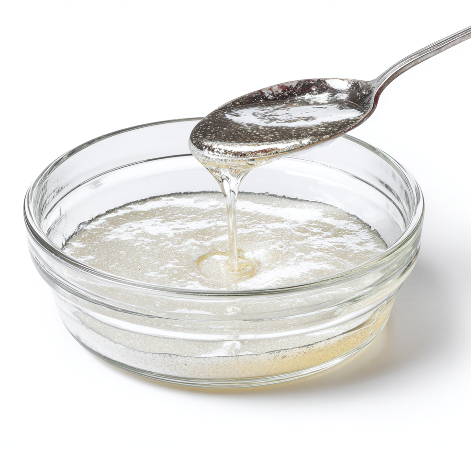 Clear gelatinous liquid being poured from a spoon into a glass bowl.
