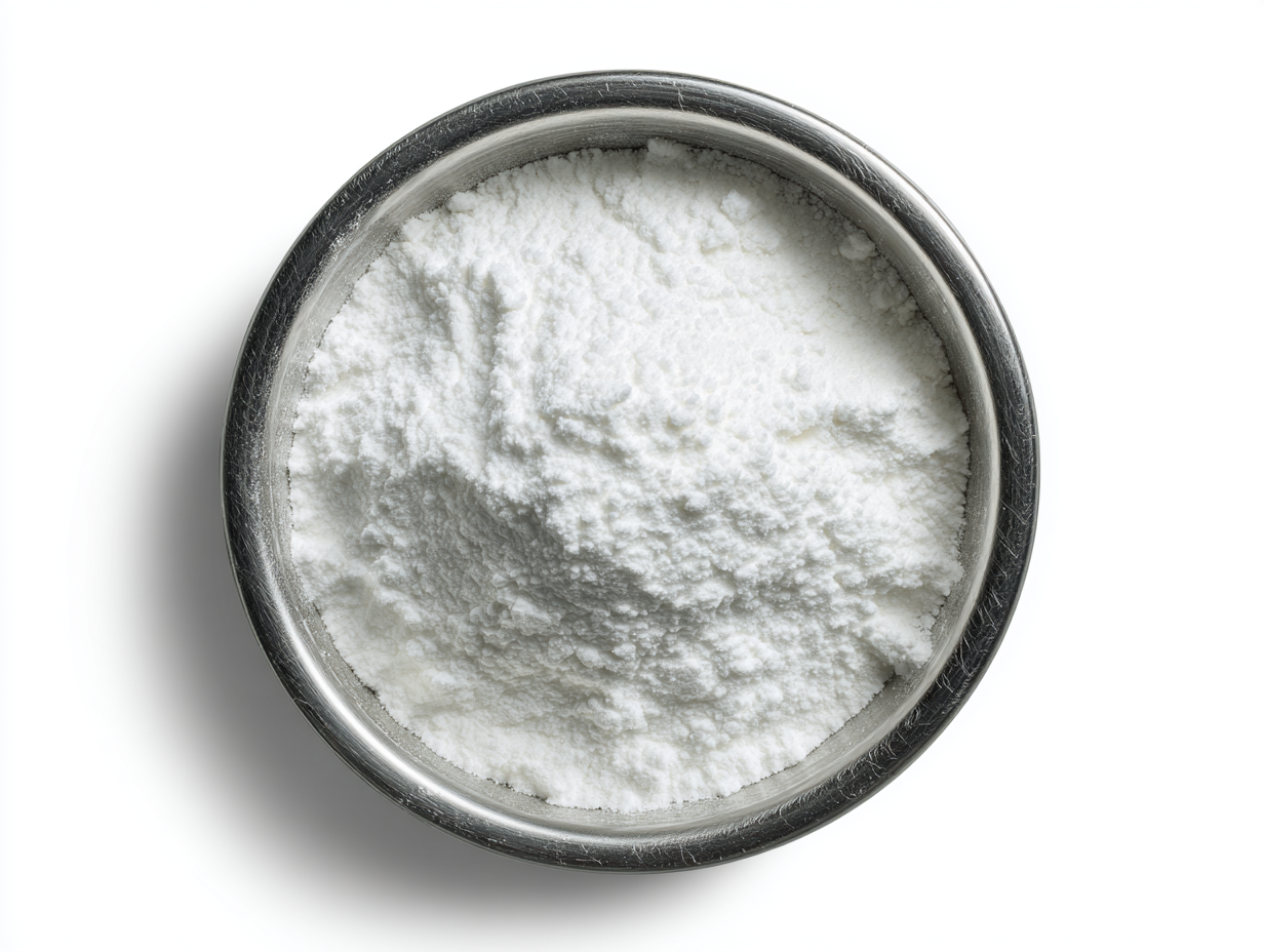 White powder in a small, round, silver bowl, viewed from above against a white background.