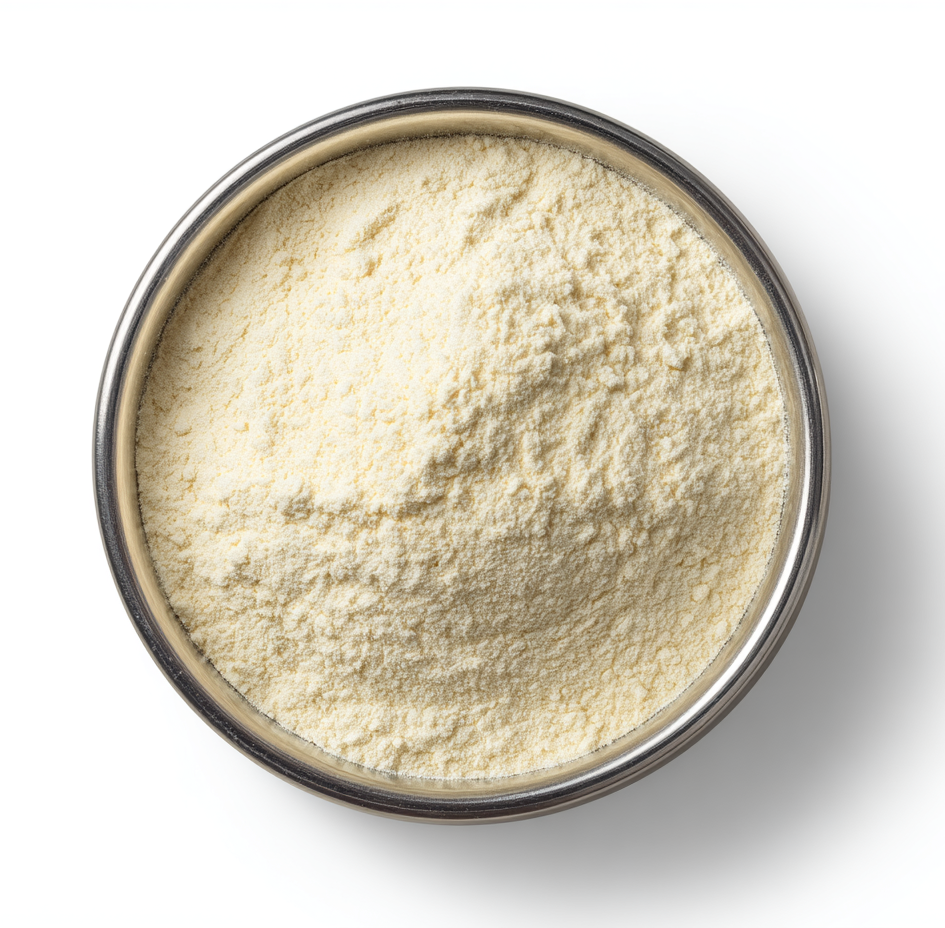 Bowl filled with light beige, powdered flour, viewed from above.