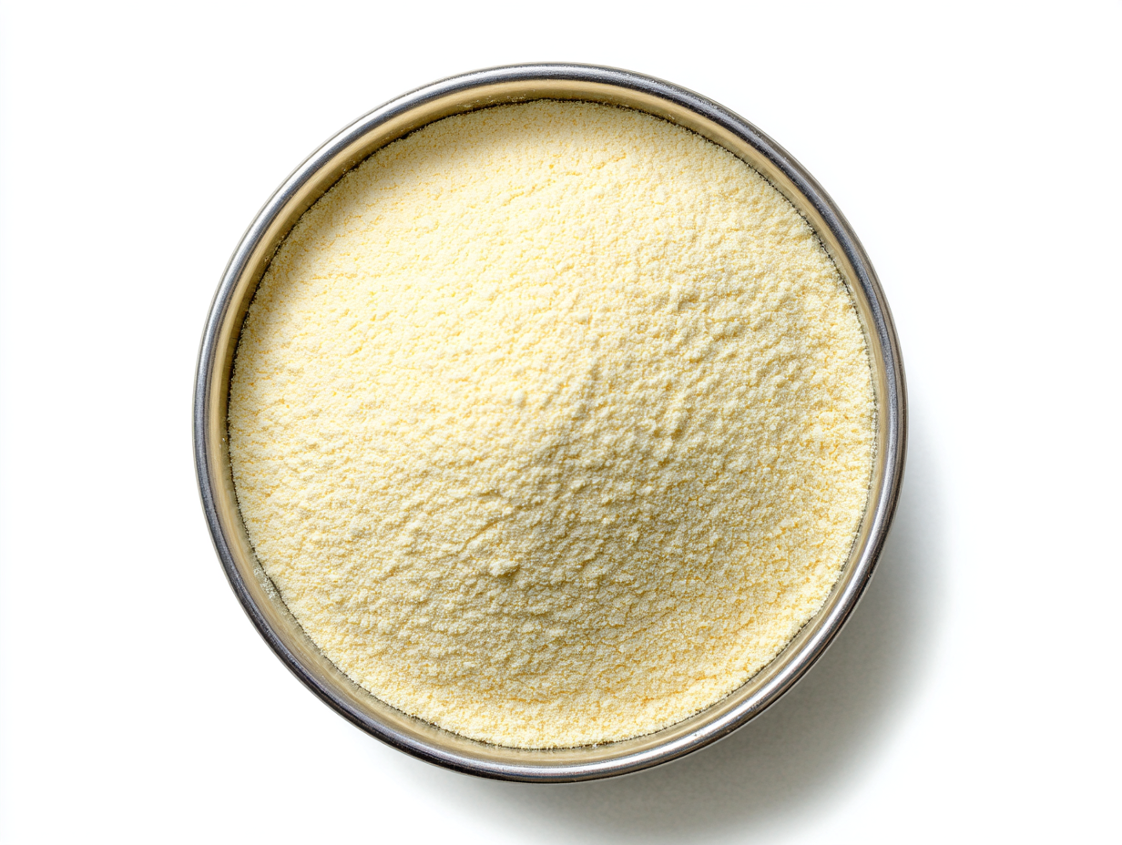 A top-down view of a metal bowl filled with light yellow semolina flour, on a white surface.