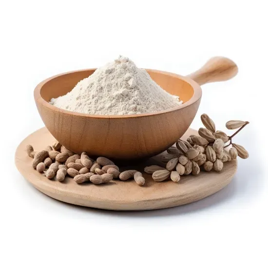 Wooden bowl of almond flour on a wooden platter with raw almonds.