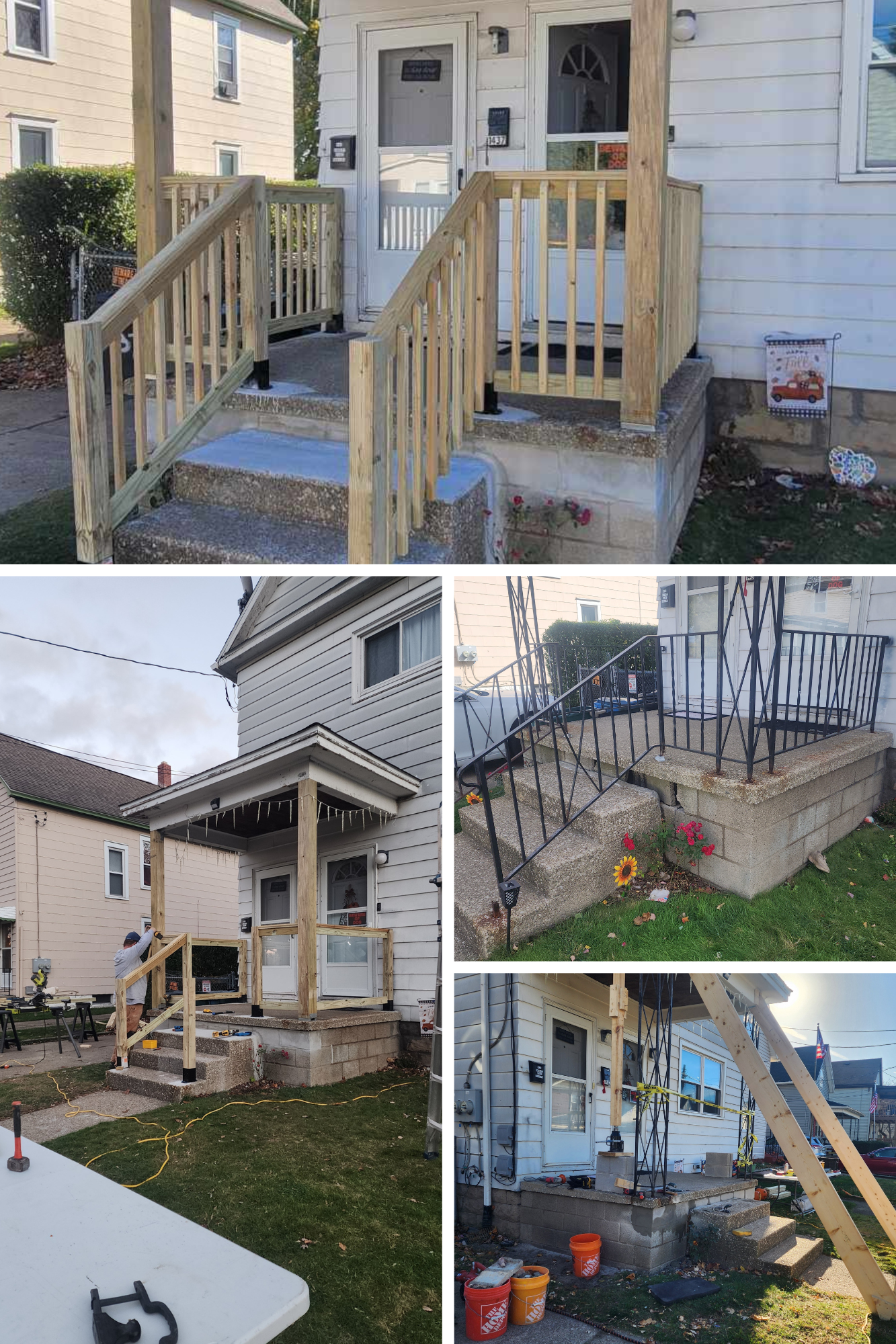 A collage of pictures of a house with a wooden porch and stairs.