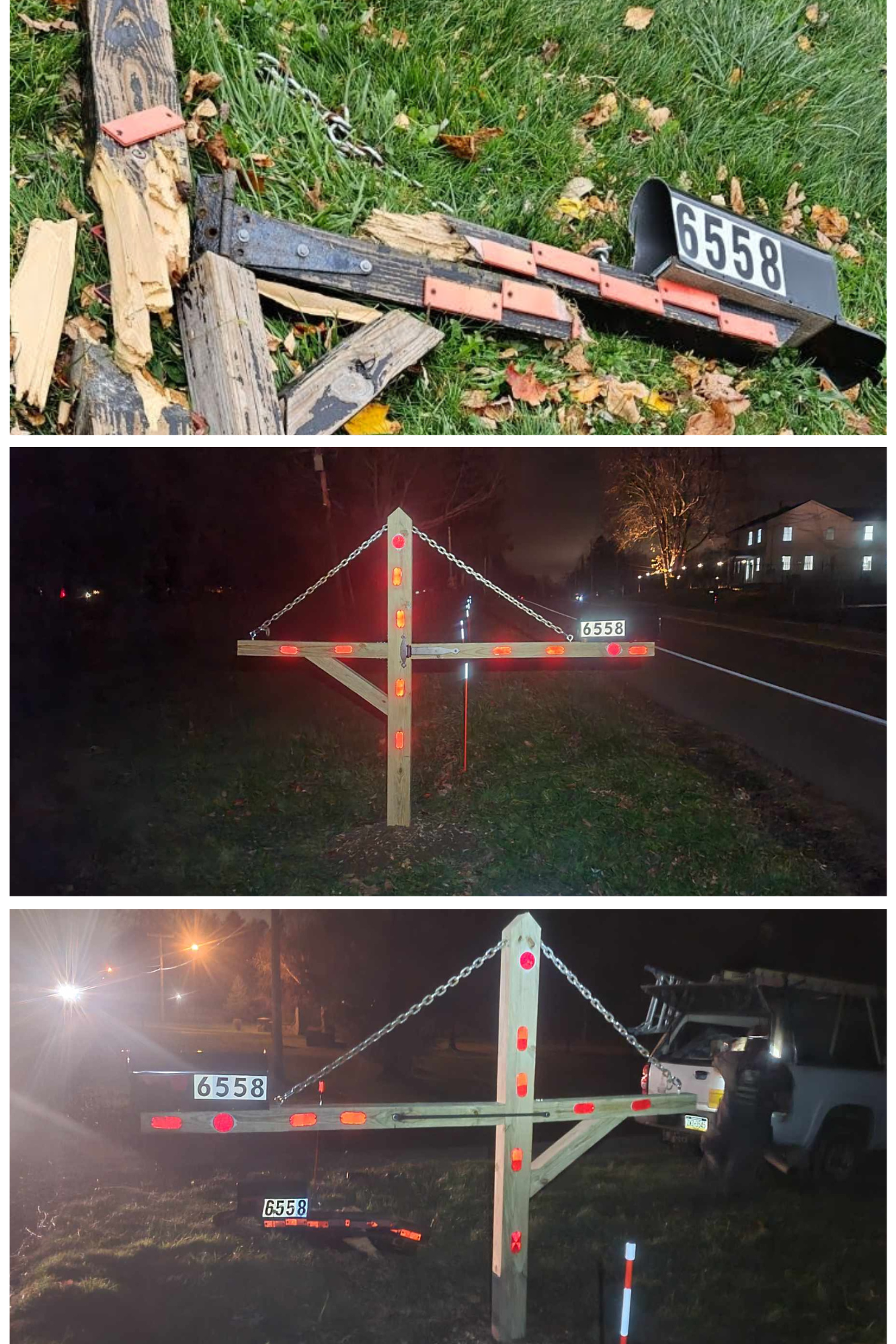 A broken mailbox with a license plate that says 65588