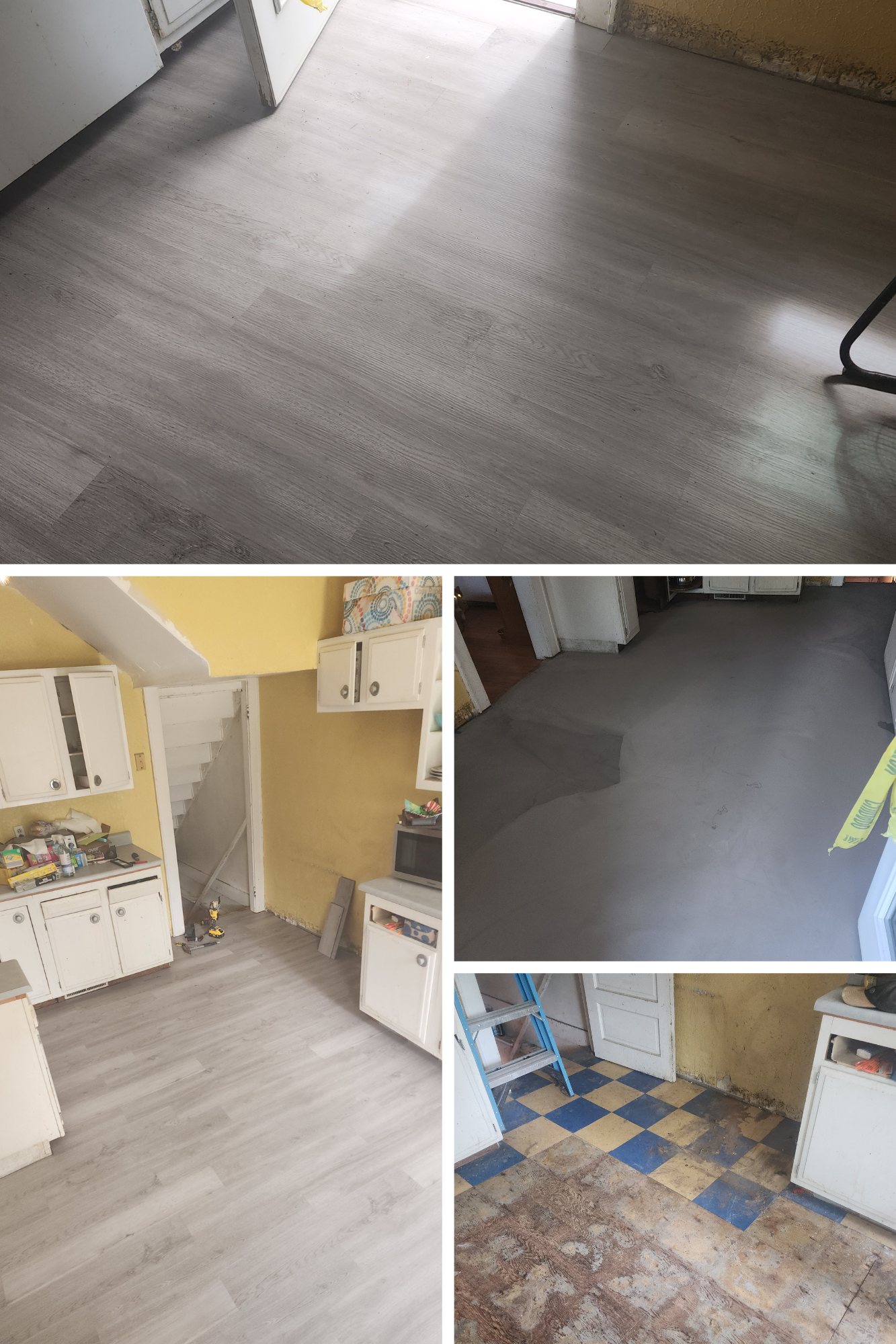 A collage of four pictures of a kitchen floor before and after being remodeled.