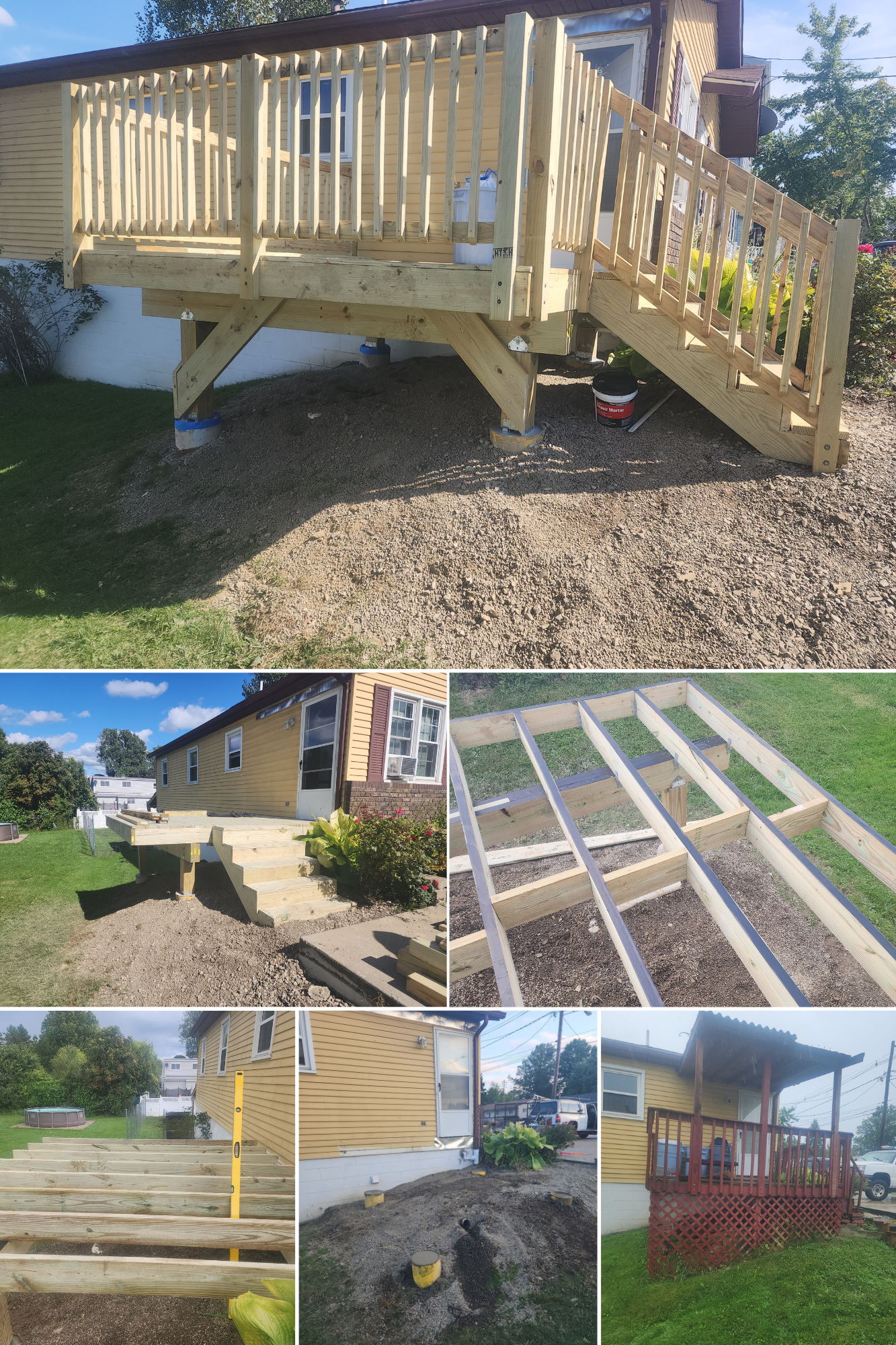 A collage of pictures of a wooden deck being built on top of a house.