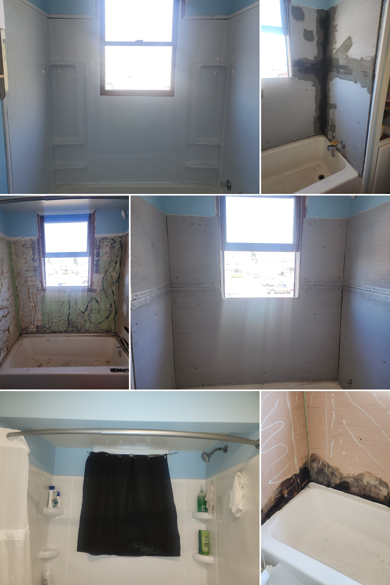 A collage of pictures of a bathroom before and after being remodeled