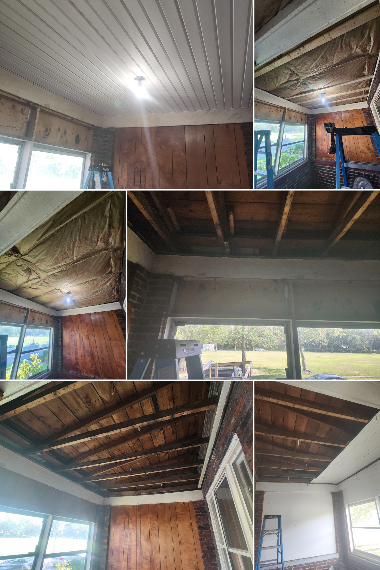 A collage of pictures of a ceiling in a house being remodeled.