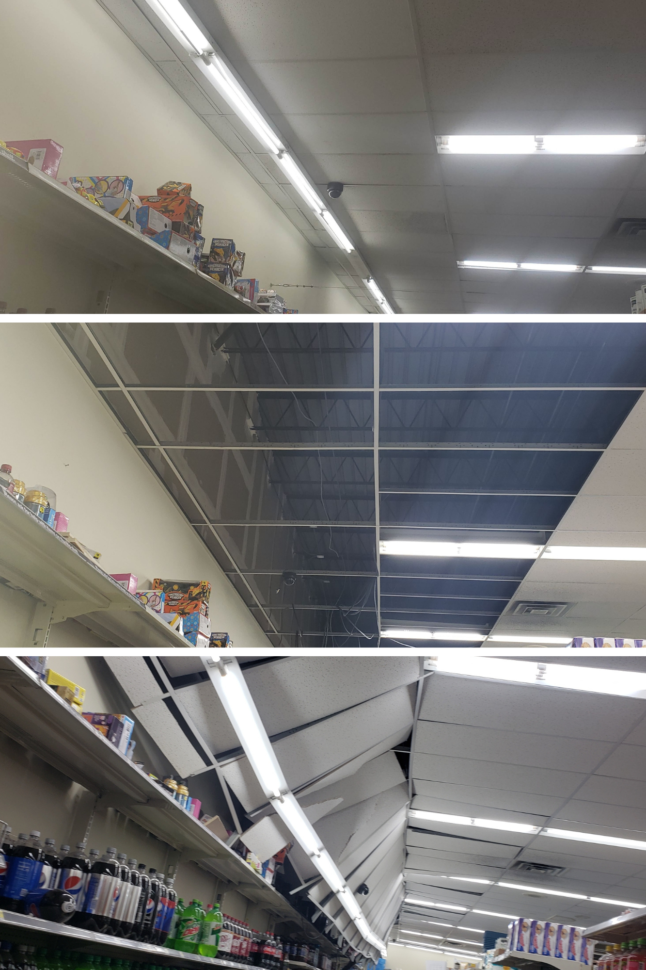 A collage of three pictures of a store ceiling and shelves.