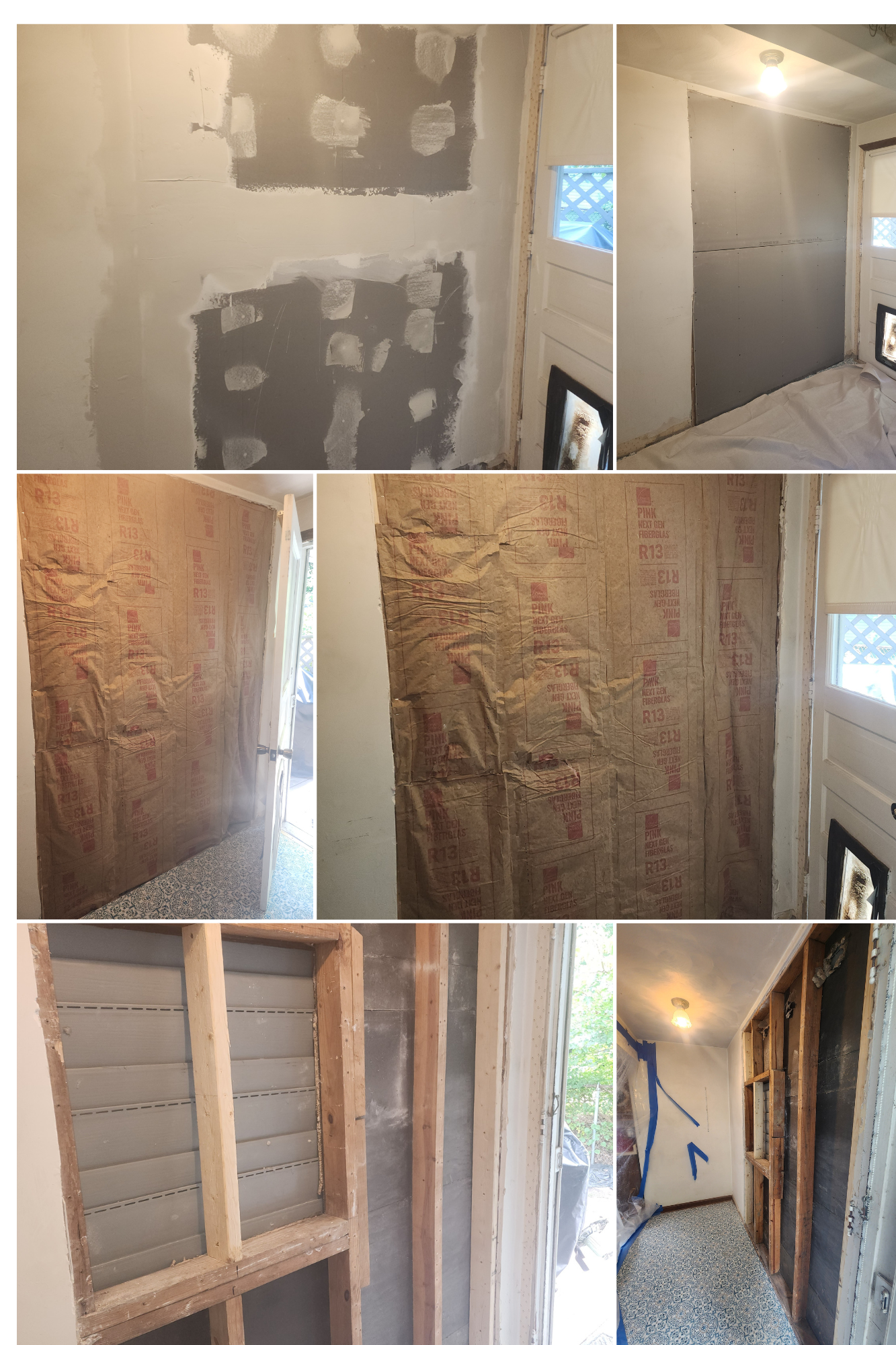 A collage of pictures of a room being remodeled.