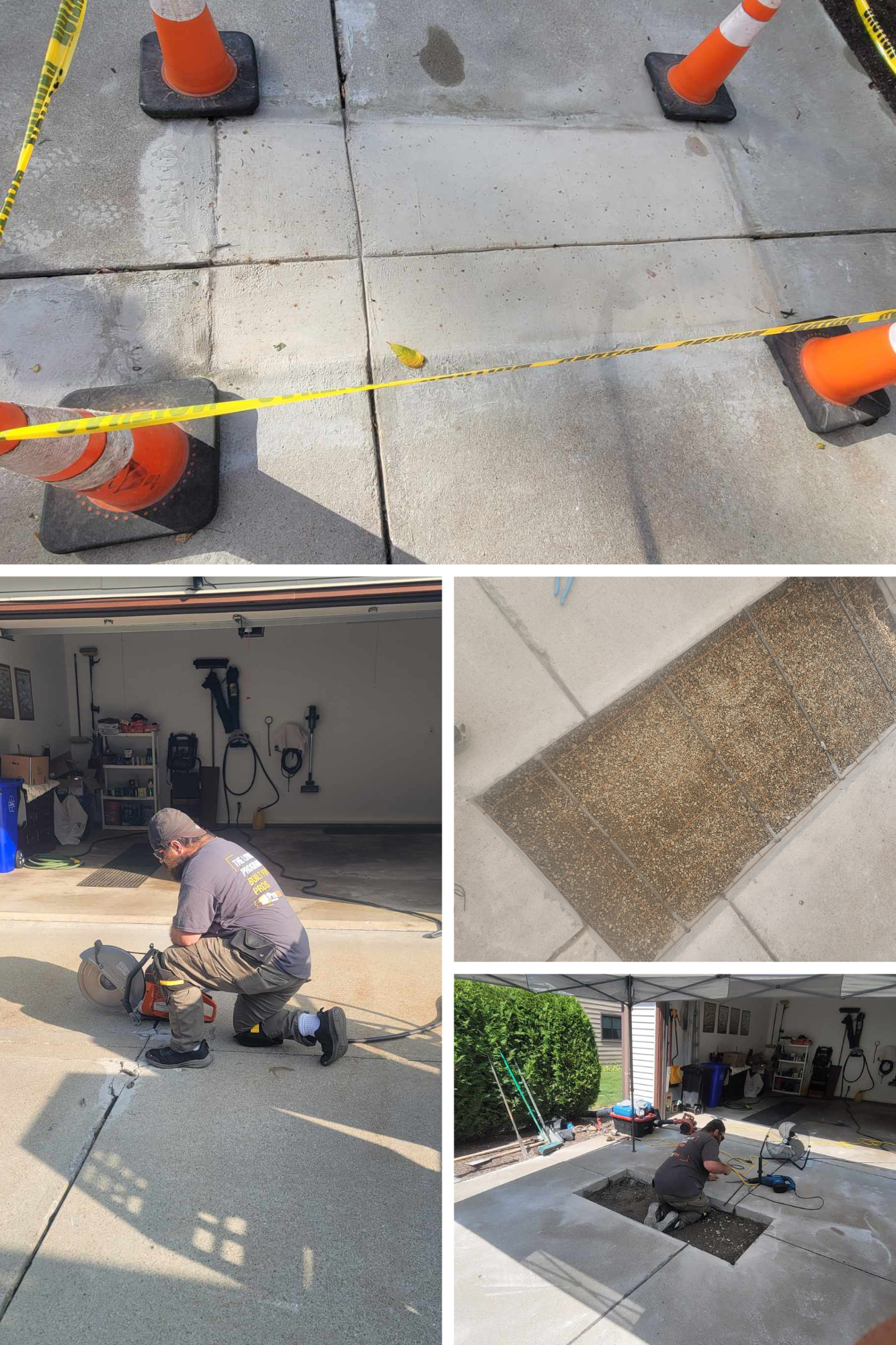 A collage of photos showing a man working on a concrete driveway