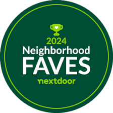 A green circle with the words neighborhood faves nextdoor on it