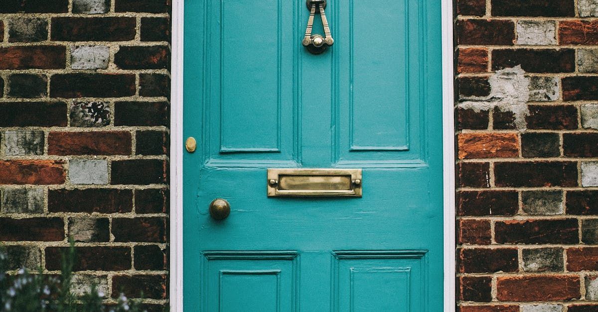 A blue door with a mailbox on it is in front of a brick wall.