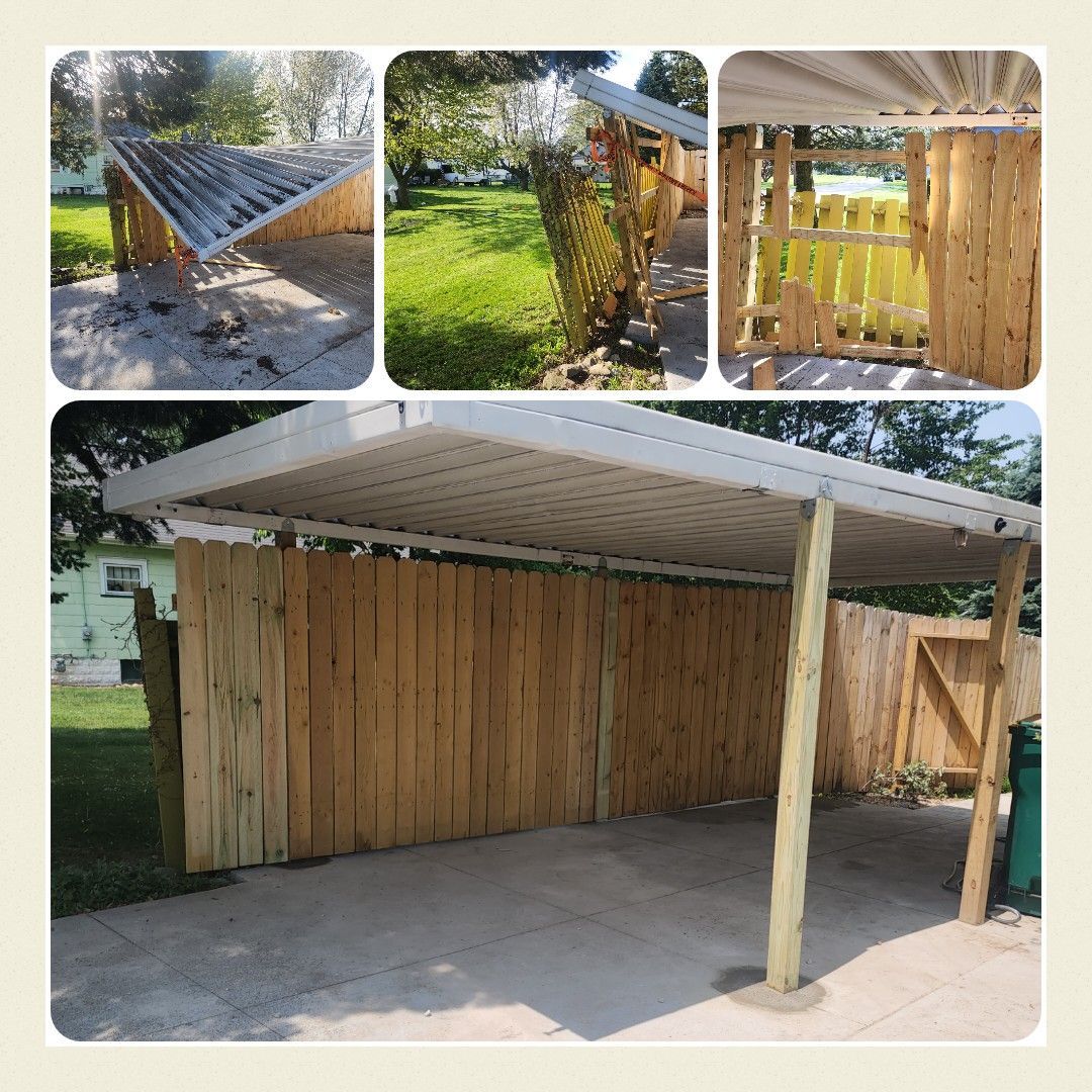 A collage of pictures of a carport being built