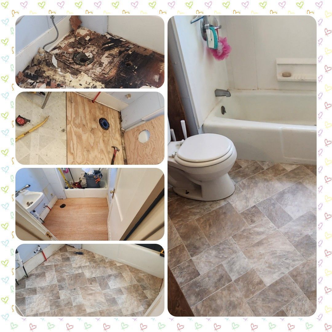 A collage of pictures showing a bathroom being remodeled