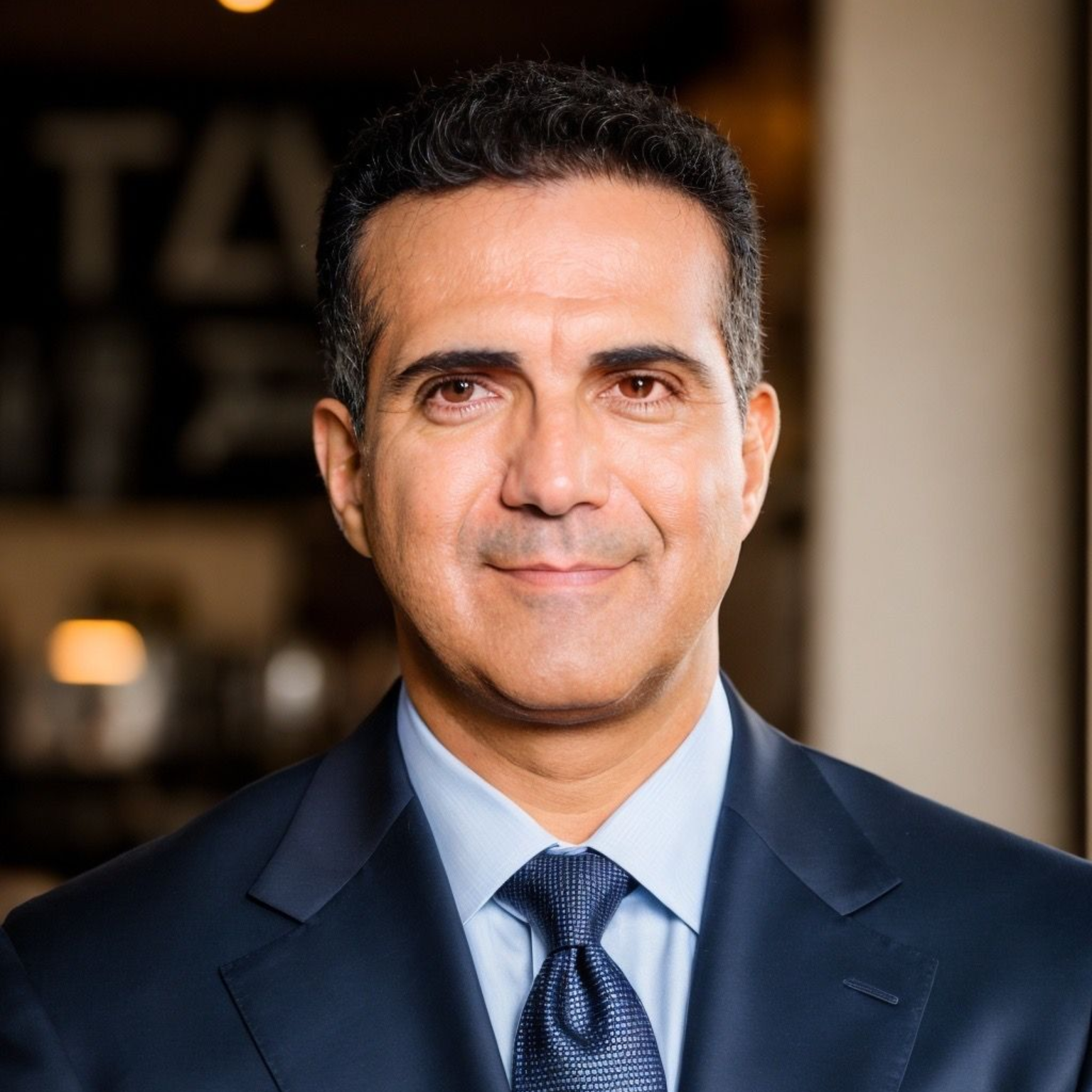 Studio headshot of a man in a navy suit and blue tie, softly smiling against a blurred indoor background
