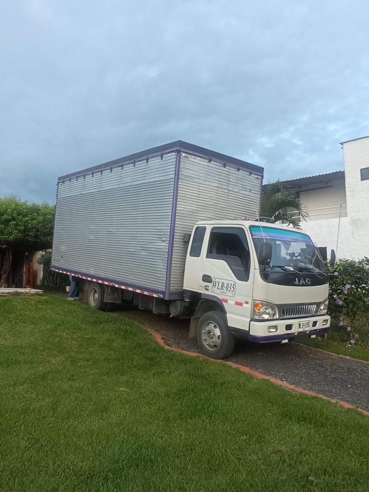 Un camión blanco está estacionado en una zona cubierta de hierba.