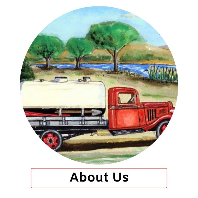 A watercolor illustration inside a circle shows a red vintage truck with a white water tank parked near a river and trees.
