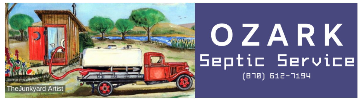 A red truck servicing a wooden outhouse, with the text 