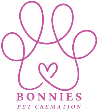 Green line art paw print with heart, "Bonnies Pet Cremation" on tan background.