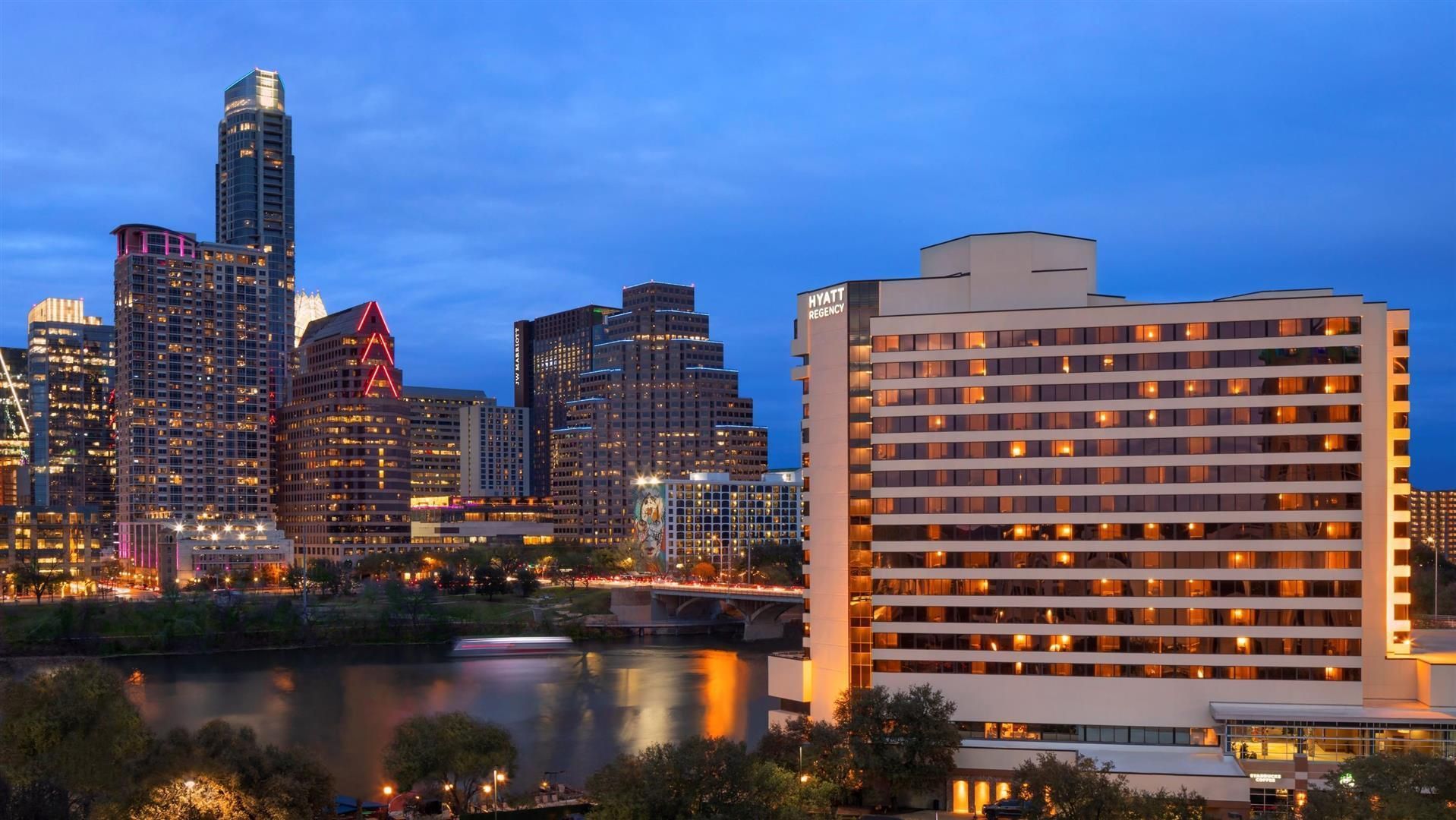 Hyatt Regency Austin renovated rooms lobby and Lady Bird Lake views in Austin Texas
