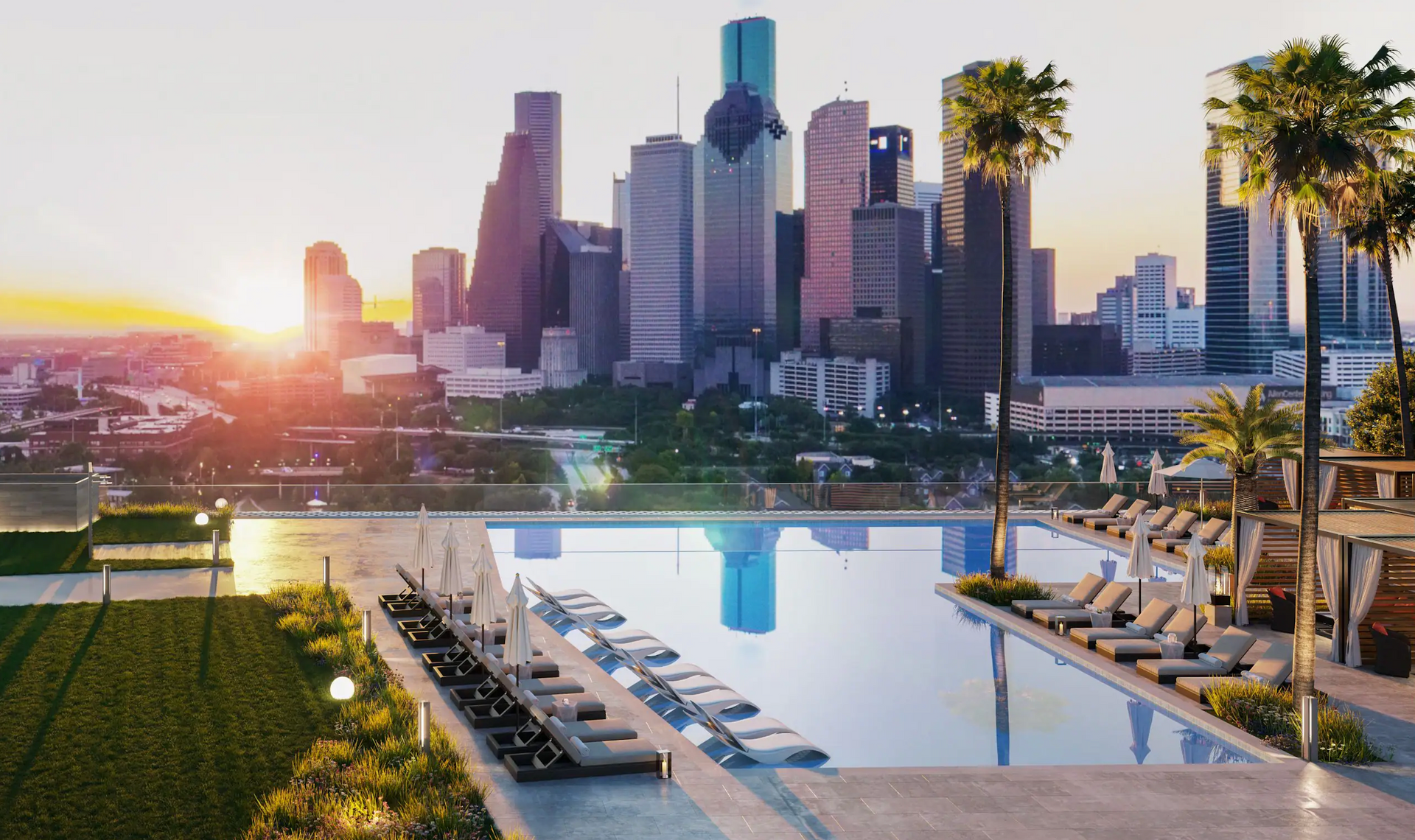Thompson Houston hotel 36-story tower Buffalo Bayou Park rooftop infinity pool opened February 2024 Texas