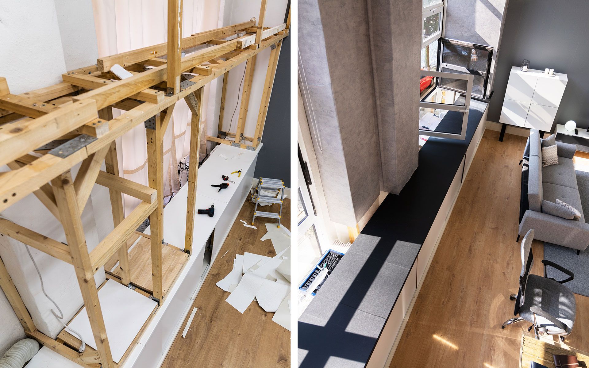 Before-and-after photos of a home renovation.