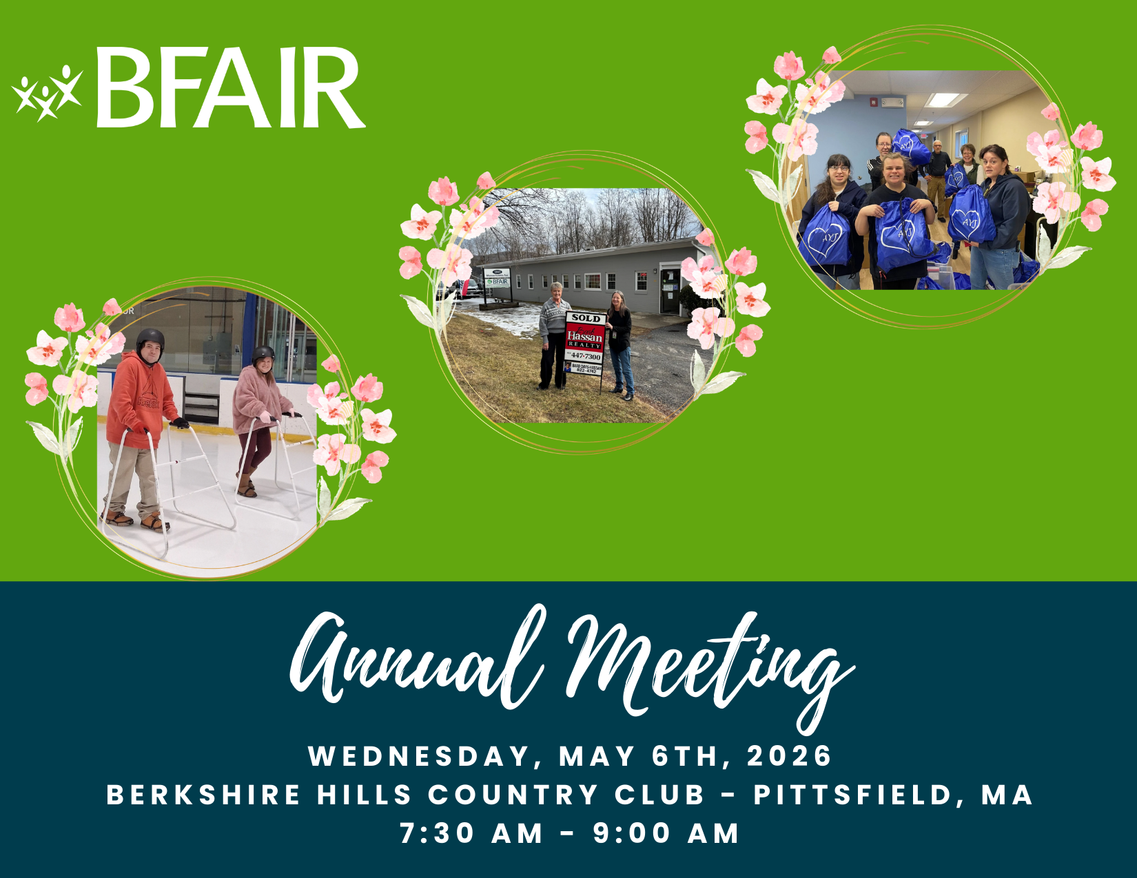 Invitation with floral theme and pictures of people with disabilities doing activities