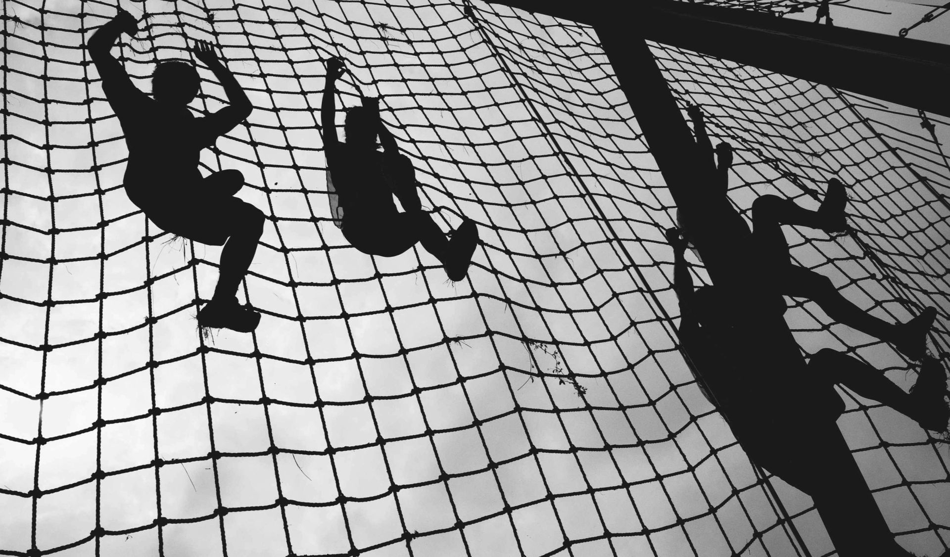 People climbing up netting in an obstacle course