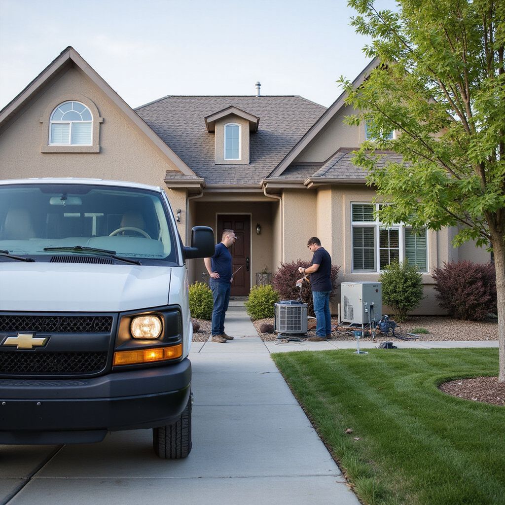 Two technicians working on an AC unit near a house, van in foreground.