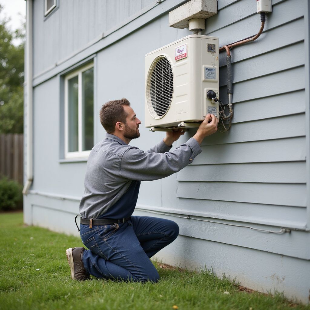 Man installing an air conditioning unit on the side of a house.
