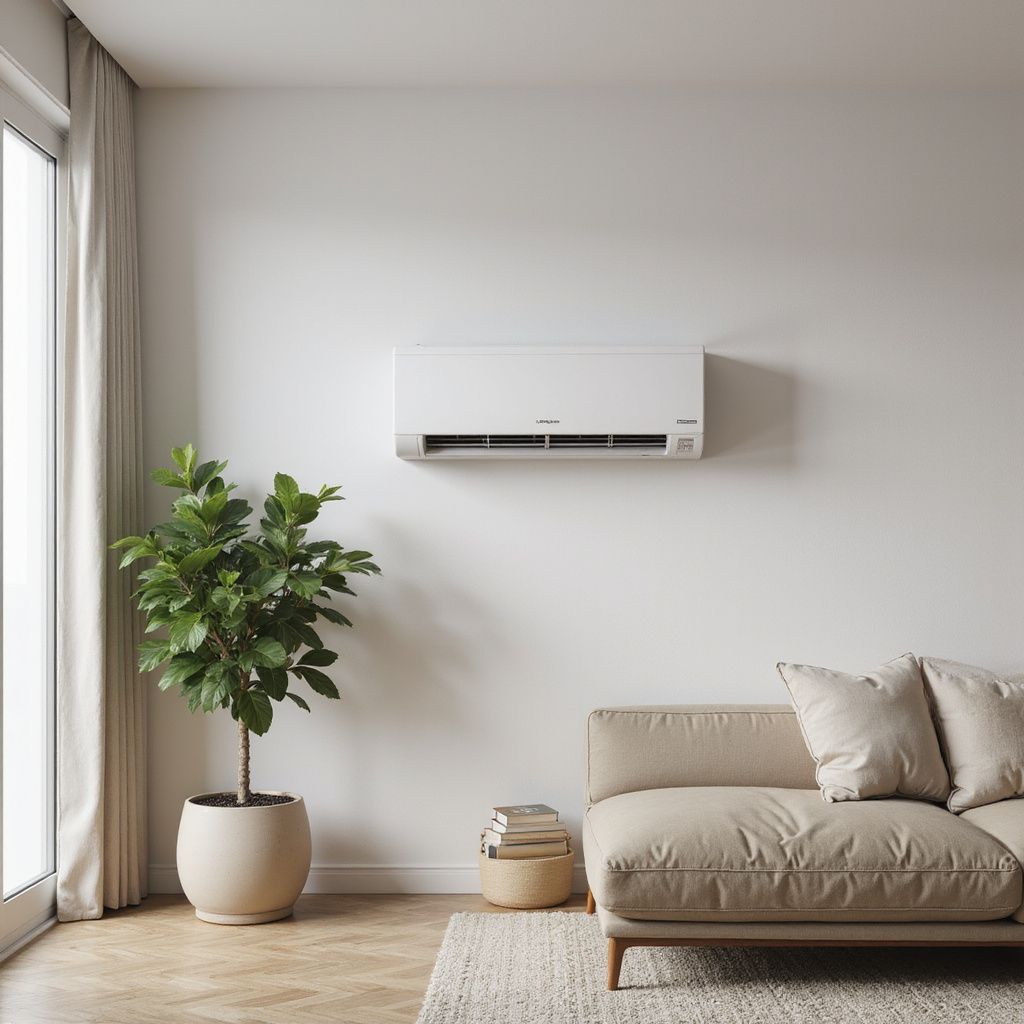 Air conditioner unit on white wall in modern living room, with couch and plant.