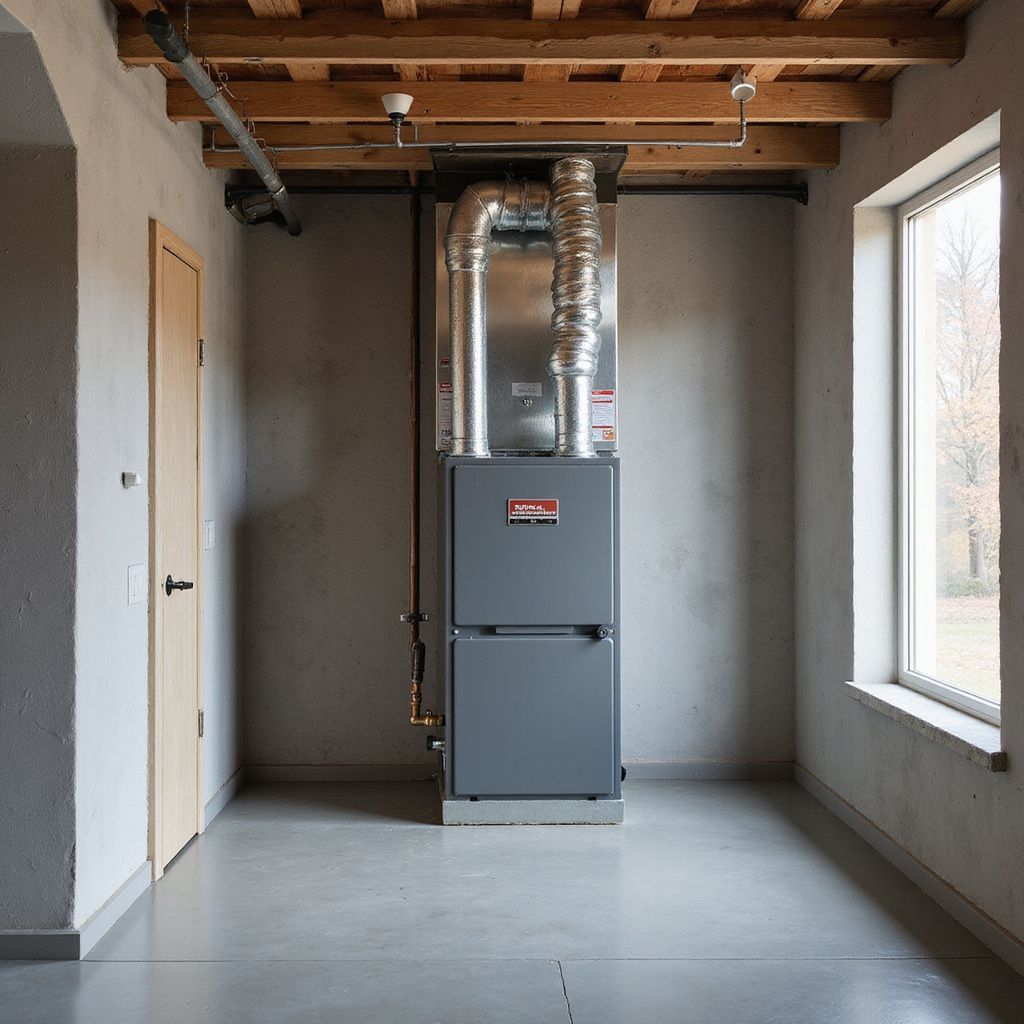 Furnace installed in unfinished room; door to left, window to right, exposed ductwork above.