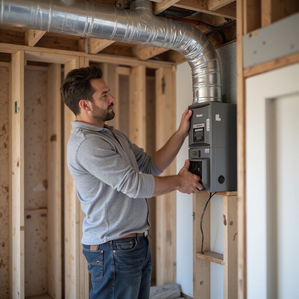 Man installing HVAC unit, in a room with exposed wooden framing, against white wall.