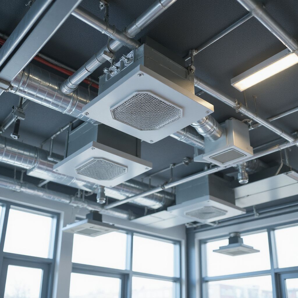 Ceiling with multiple air conditioning units and ductwork. Industrial setting, windows in the background.