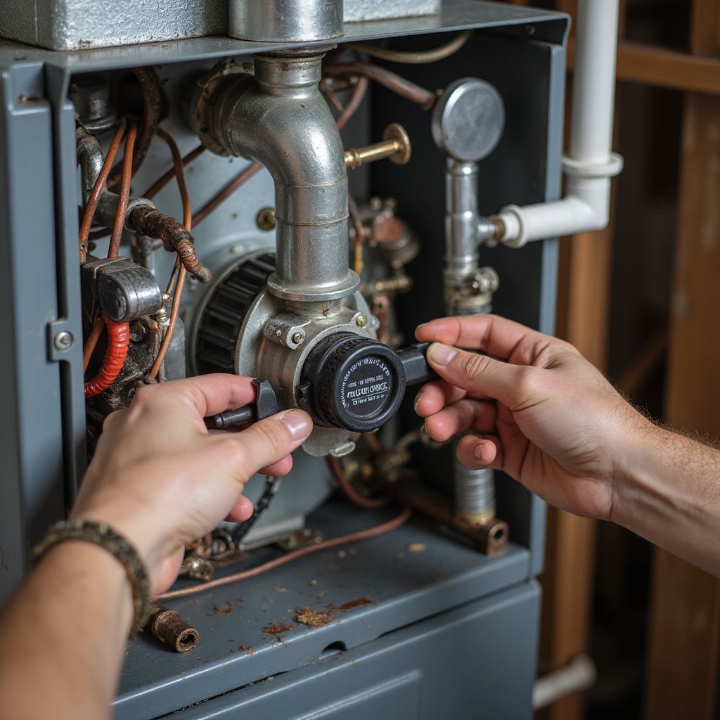 Hands adjusting knobs on a furnace component.