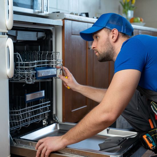 Davis Appliance & Tool Repair - a man is working on a dishwasher in a kitchen.