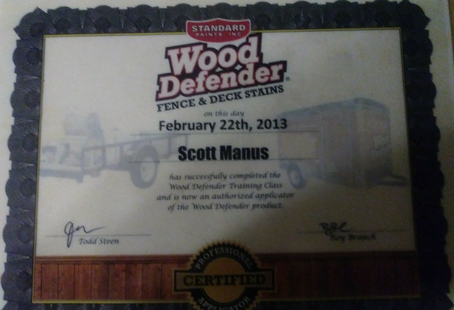 A certificate for wood defender fence and deck stains