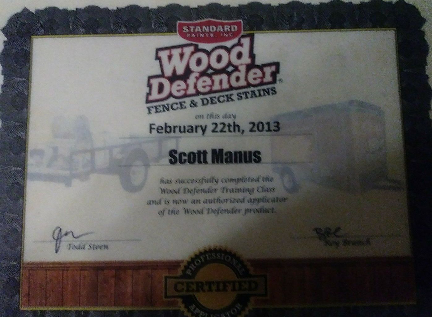 A certificate for wood defender fence and deck stains