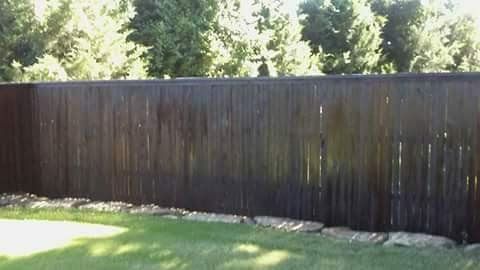A wooden fence in a backyard with trees in the background.
