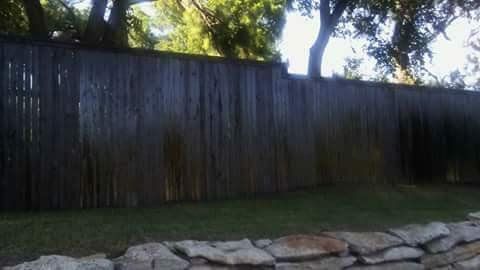 A wooden fence is surrounded by trees and rocks in a backyard.