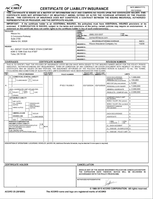 A certificate of liability insurance form is shown on a white background.