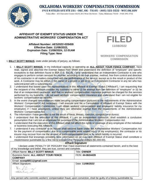 A filed document from the oklahoma workers compensation commission