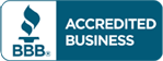 A blue and white sign that says accredited business bbb.