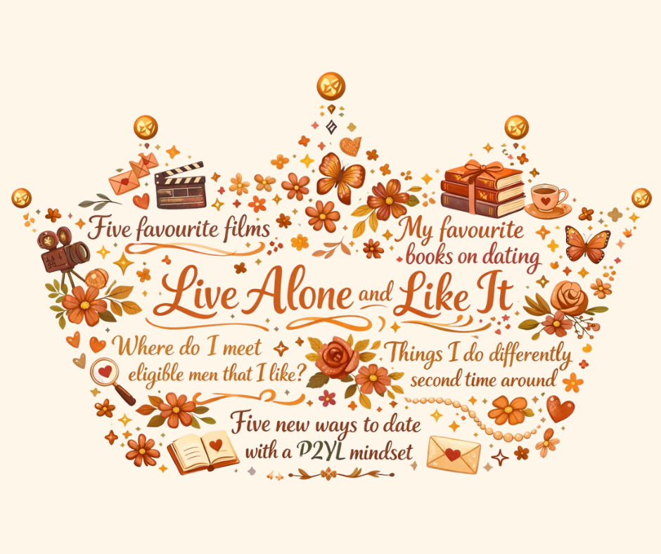 Crown-shaped illustration with text about dating, books, films, and self-care. It features flowers, books, and hearts.