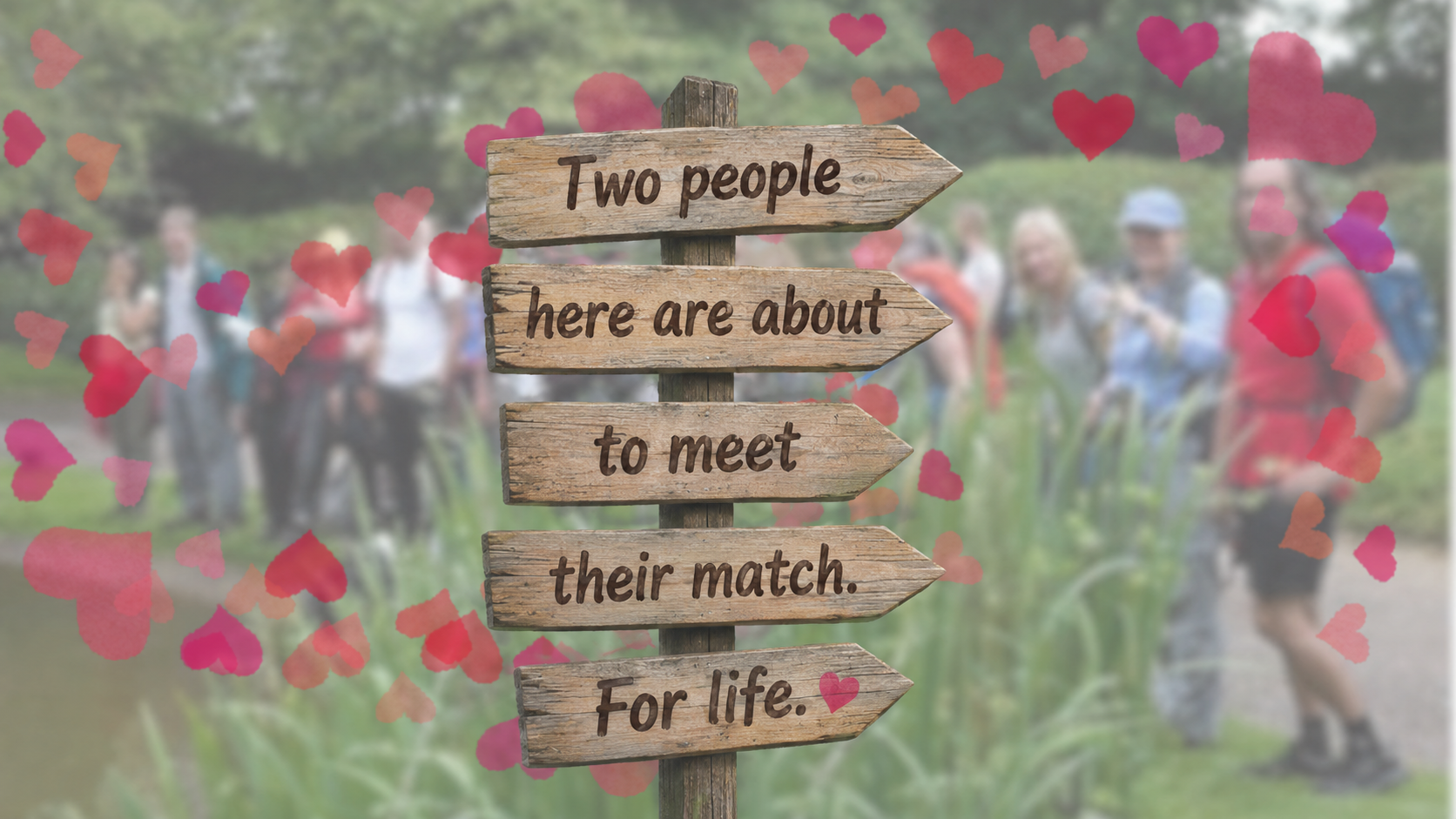 Valentine-themed sign reading “Two people here are about to meet their match. For life.” with pink hearts and blurred flowers