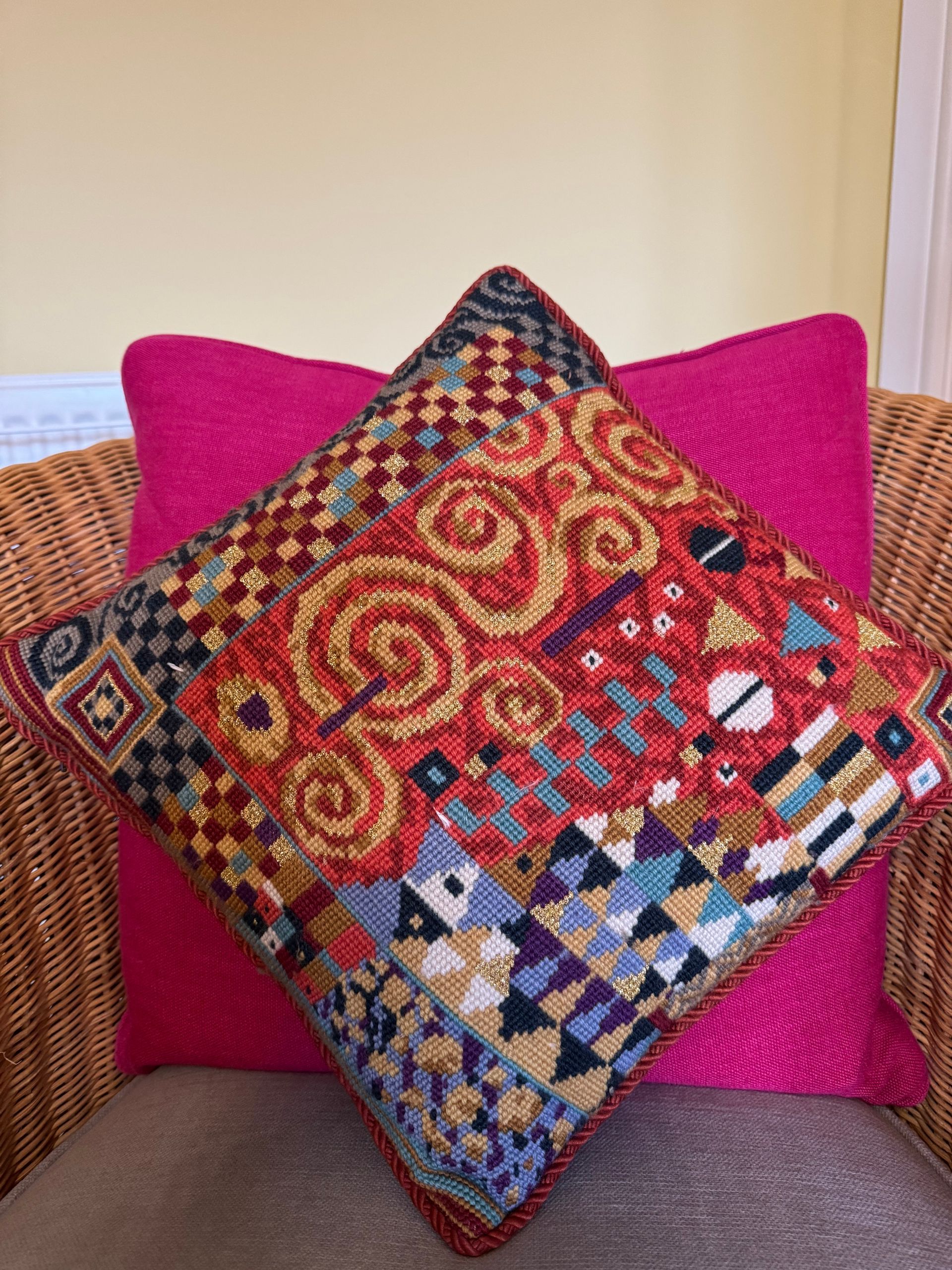A cross-stitched, handmade, colourful cushion. Cushion design based on the work of Gustav Klimt. Katrina Robinson. Part 2 Of Your (Love?) Life.