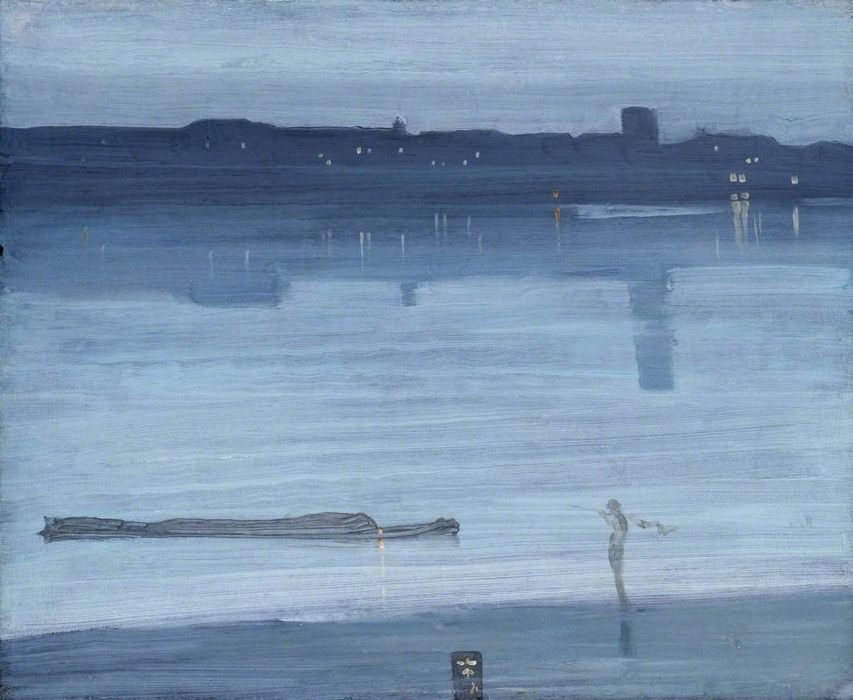A monochromatic blue oil painting shows a distant shoreline with faint lights reflecting on calm, hazy water at twilight.
