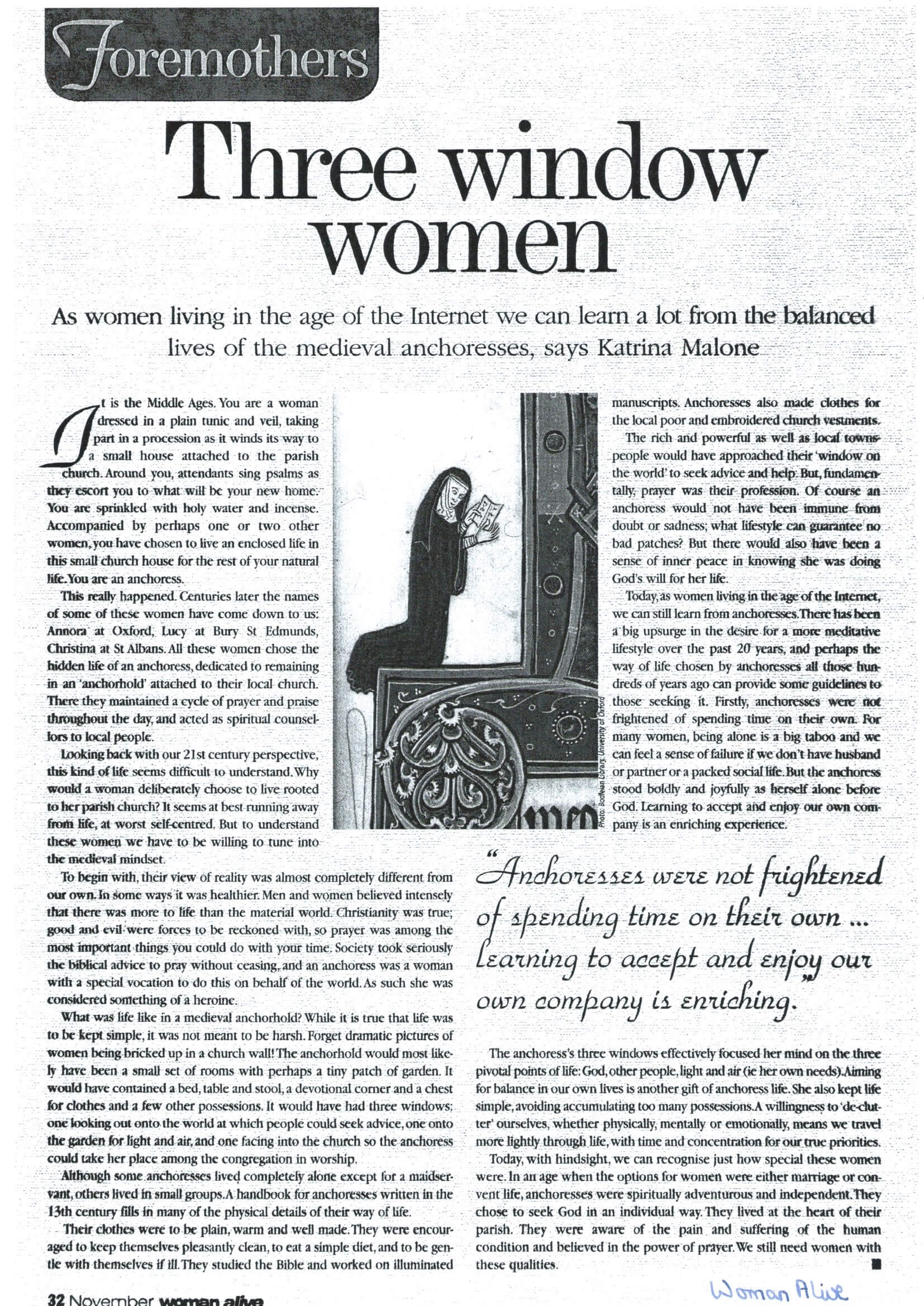 Three window women: the life of the medieval anchoress