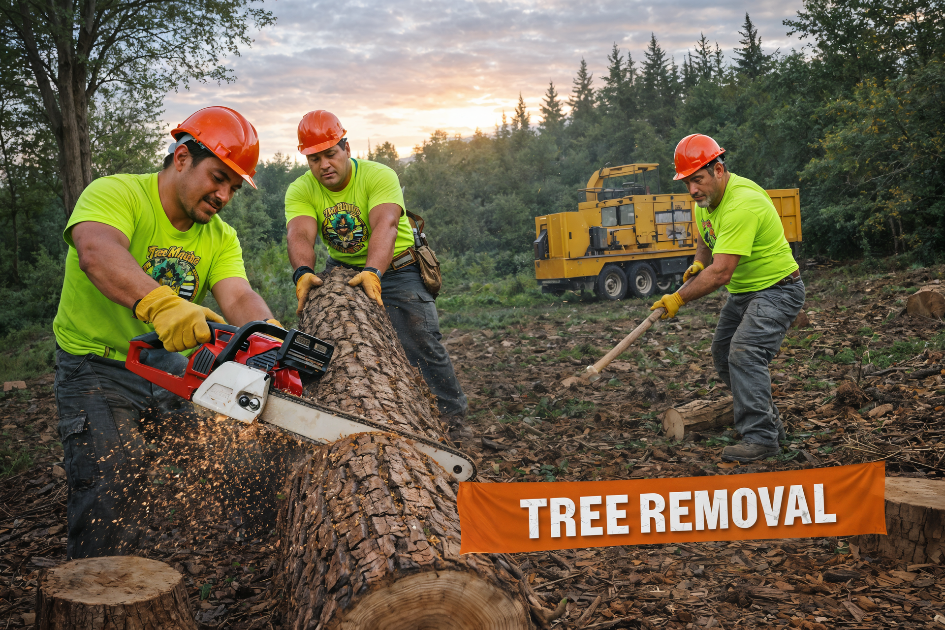 A man is cutting down a tree in front of a house.