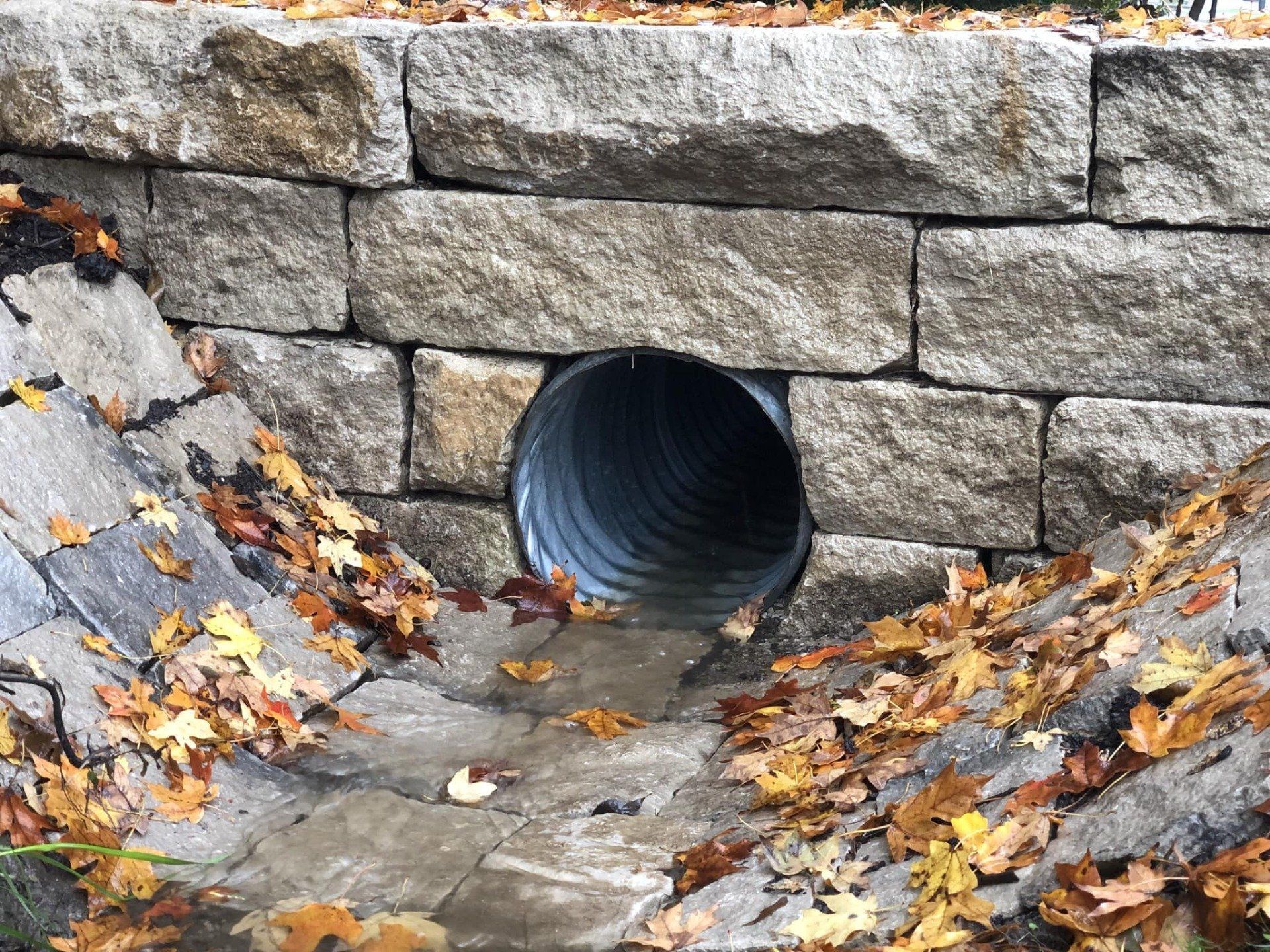 Stone culvert with fall leaves around drain